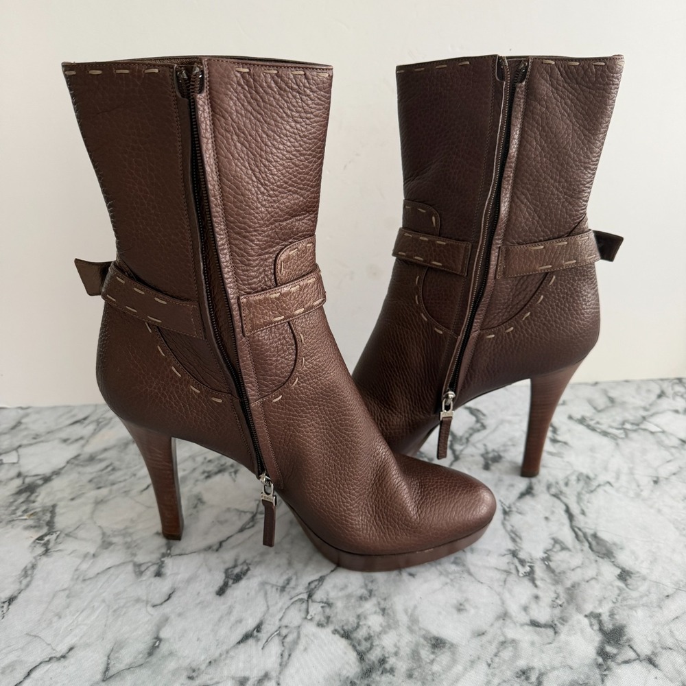 Fendi Italy Brown Pebbled Leather Whipstitch Ankle Buckle Boots Platform 41 (11) - Picture 8 of 16